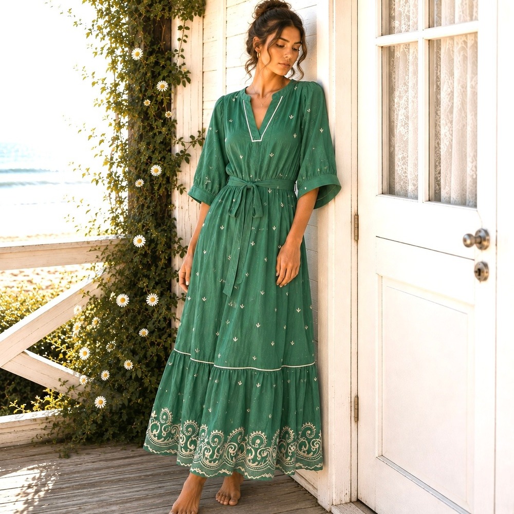 Anthropologie Fig & Flower Sz Large Maxi Dress Coastal Cottagecore Prairie Boho